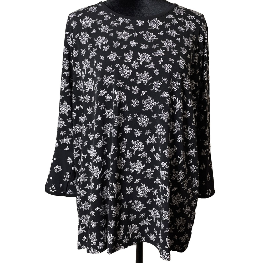 Michael Kors MMK Women 1X Black White Floral Bell Sleeve Blouse Stretch Knit Top